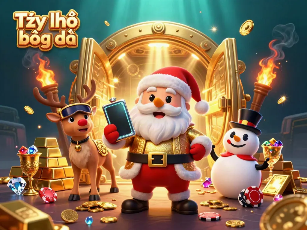Experience the excitement of Tỷ lệ bóng đá through a festive illustration of Santa and friends celebrating jackpot wins in a casino setting.