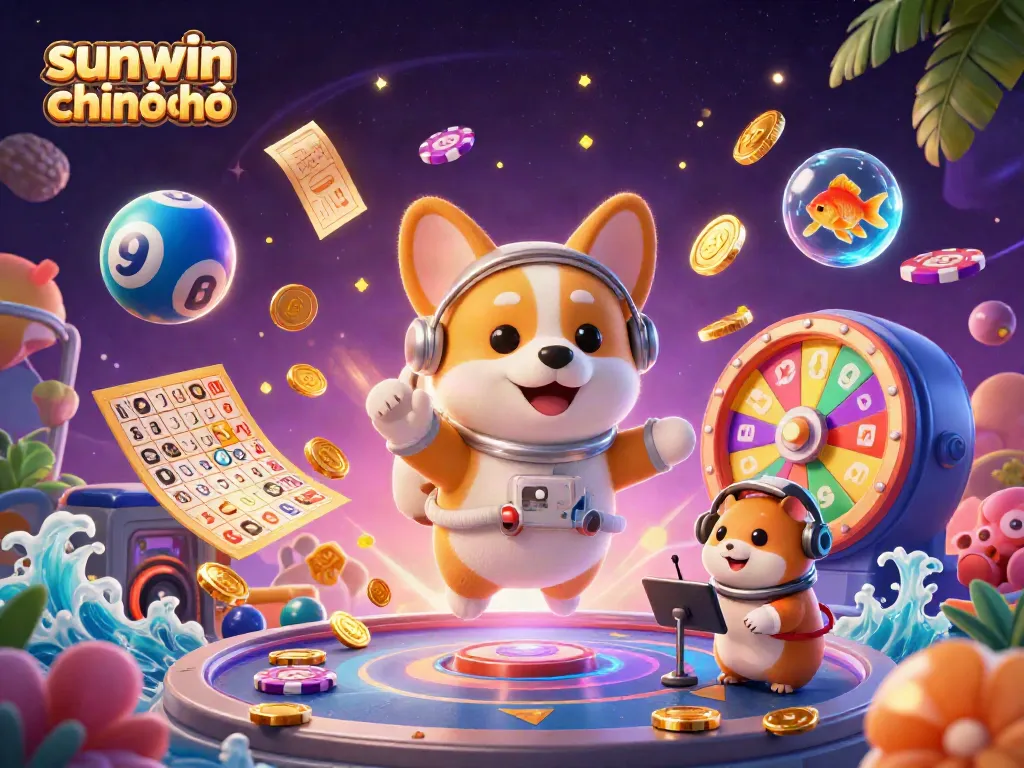 Experience the thrill of sunwin chính chủ as a cartoon astronaut corgi navigates a cosmic casino filled with floating games.