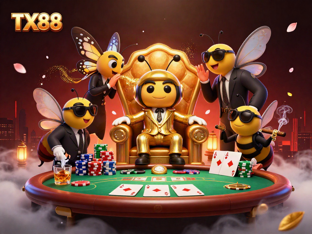 Win big at TX88 while playing poker with colorful chips and animated characters in a vibrant casino