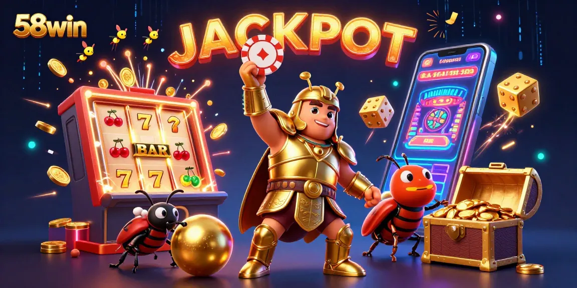 Spin and win big with 58win in this vibrant online casino 3D illustration of a jackpot celebration!
