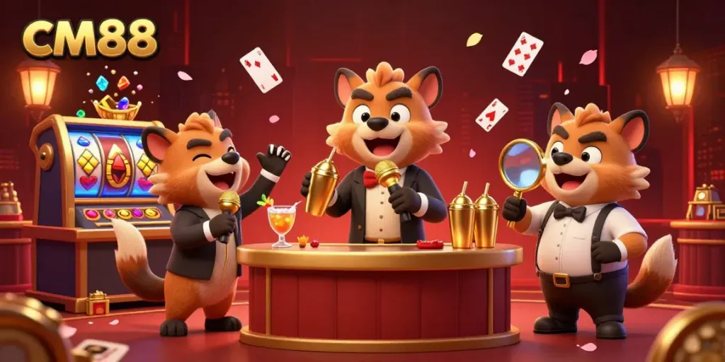Experience the fun and excitement of cm88's online casino with dynamic casino elements and lively hyena characters.