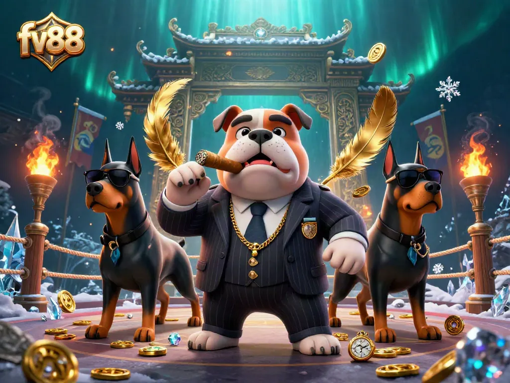 Bet on big wins with fv88 in a vibrant online casino atmosphere featuring a mafia bulldog and dramatic elements.