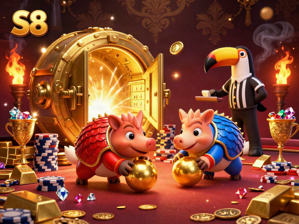 Experience the thrilling S8 casino showdown with pangolins bowling through poker chips and golden treasures.