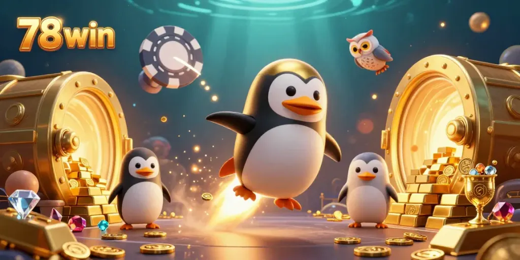 Engage in the thrilling world of 78 win as a golden penguin navigates a casino space station surrounded by treasures.