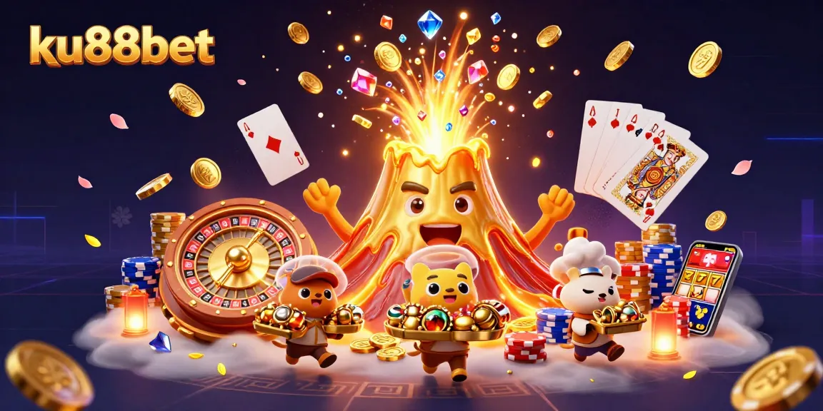 ku88bet offers a thrilling gaming experience with a golden volcano erupting treasures in this vibrant casino scene.
