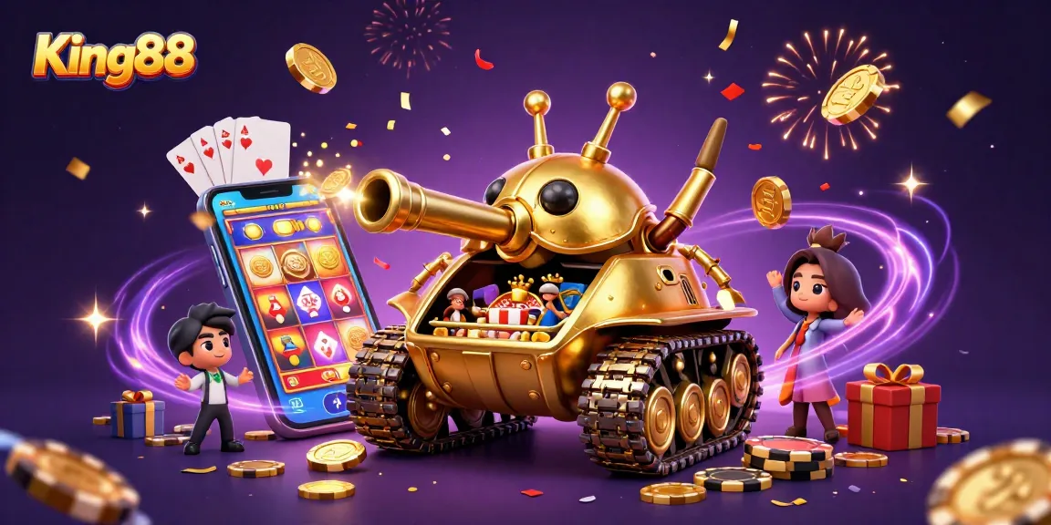 Experience King88 excitement with a vibrant casino scene featuring a golden beetle tank, rich gameplay, and dynamic elements.