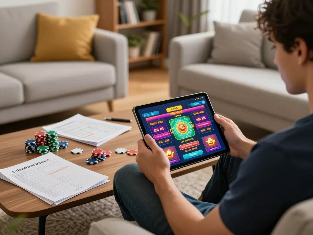 Engaging with the app tài xỉu online uy tín in a cozy home setting, promoting strategic gambling.