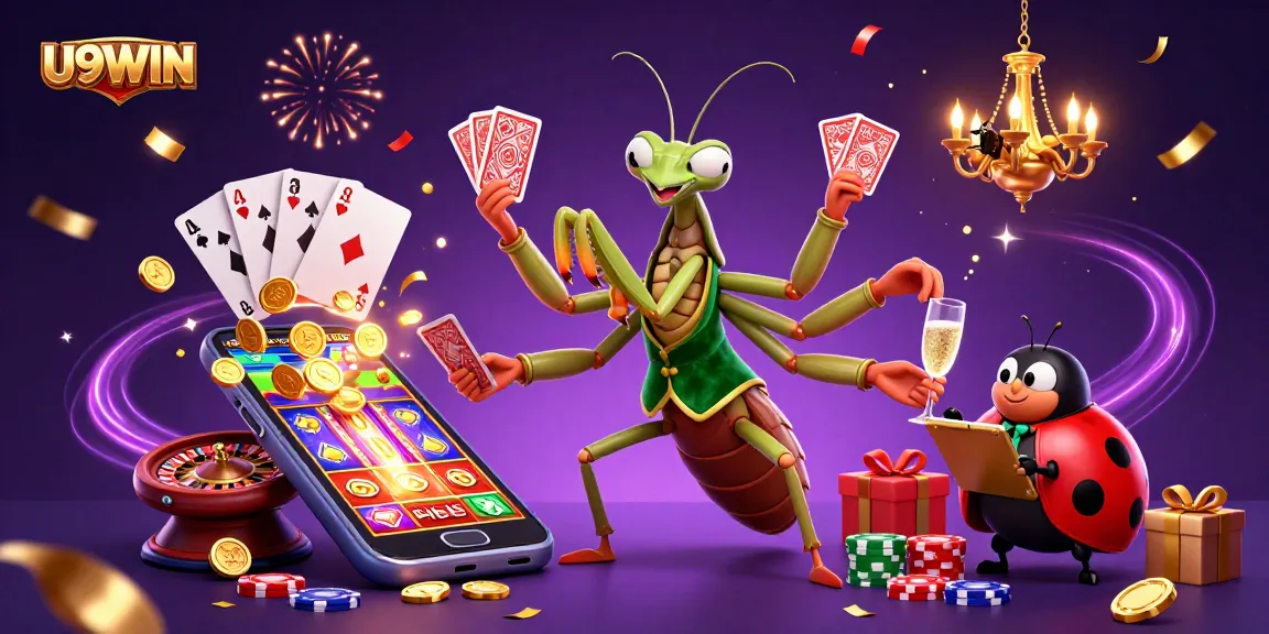 U9WIN illuminates a thrilling casino scene with a charismatic giant praying mantis and ladybug pit boss.