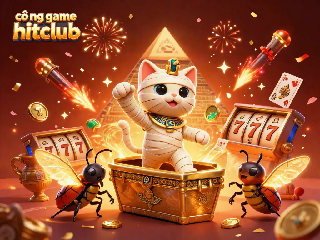 Experience thrilling action at cổng game hitclub with an Egyptian mummy cat revealing jackpots in a vibrant casino.