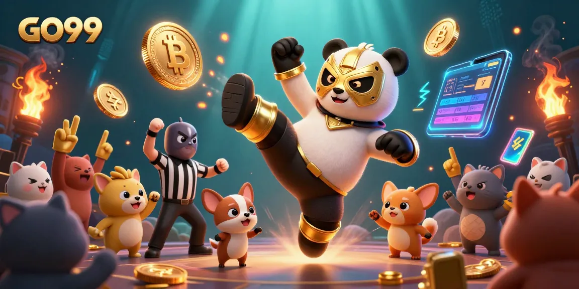 Engage with GO99 while a panda wrestler kicks high amidst excitement and crypto coins.
