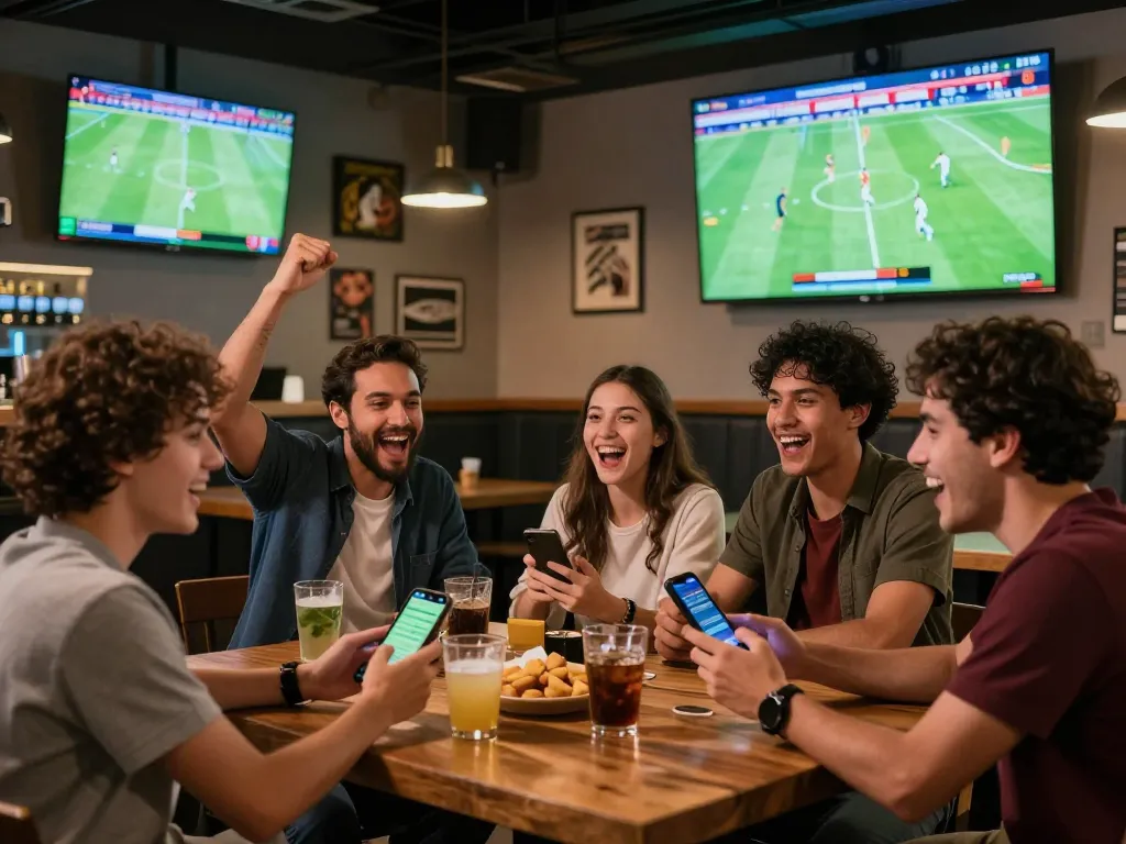 xem trực tiếp bóng đá with friends at a lively sports bar, capturing excitement and social betting experiences