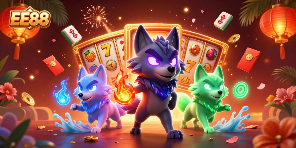 Experience EE88's thrilling gaming action with a vibrant casino illustration showcasing slot reels, glowing wolves, and festive elements.