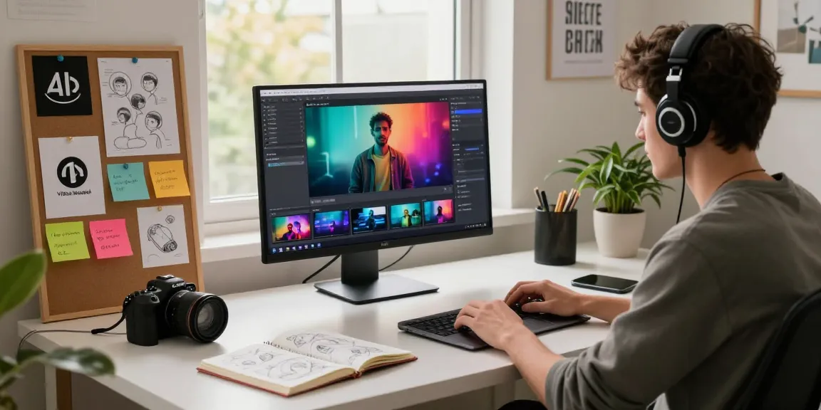 Person using a video to prompt converter tool in a creative workspace, analyzing video prompts.