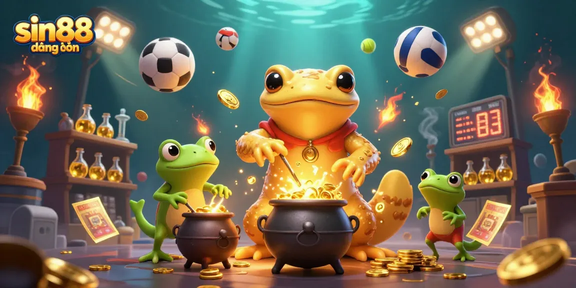Experience sin88 đăng nhập with engaging illustrations of a golden salamander alchemist and sports elements.