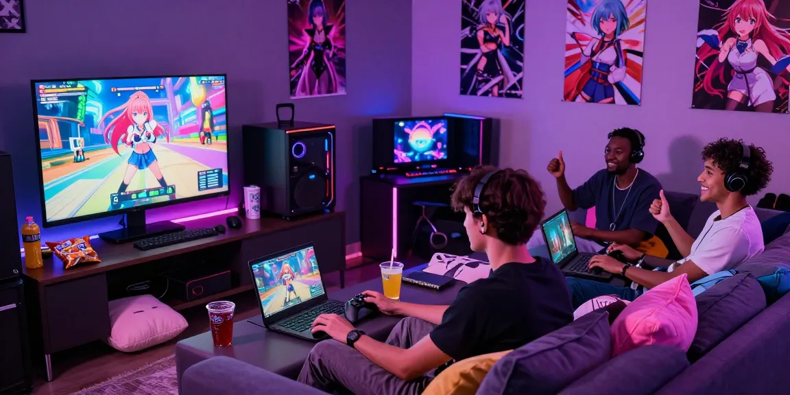 Engaging gaming scene featuring players enjoying hentai games online on multiple devices.