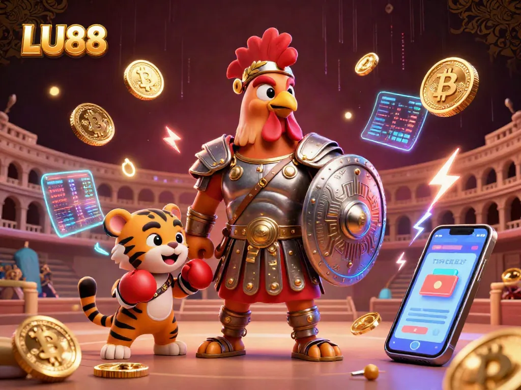 Engage in gambling excitement with LU88, featuring dynamic rooster and tiger characters in a vivid casino scene.