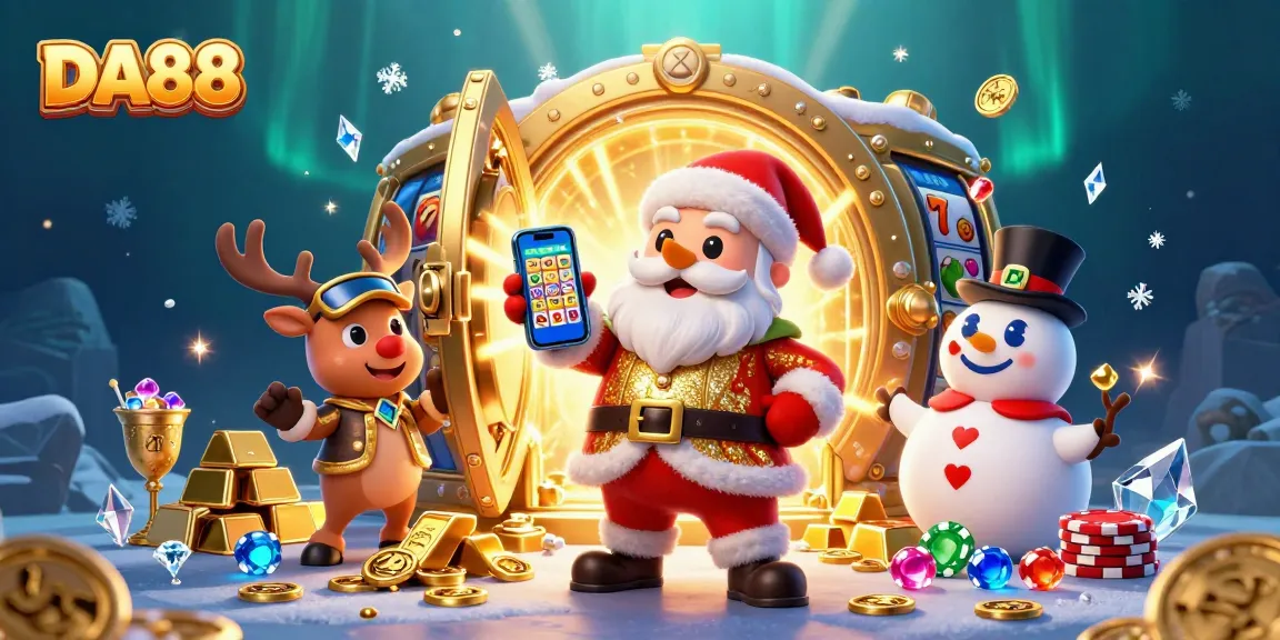 Engage with DA88's thrilling jackpot slots illustrated through a festive casino scene with Santa Claus and friends.