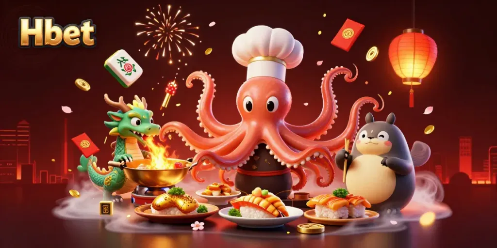 Engage with Hbet in an exciting 3D cartoon scene filled with culinary delights and game elements.