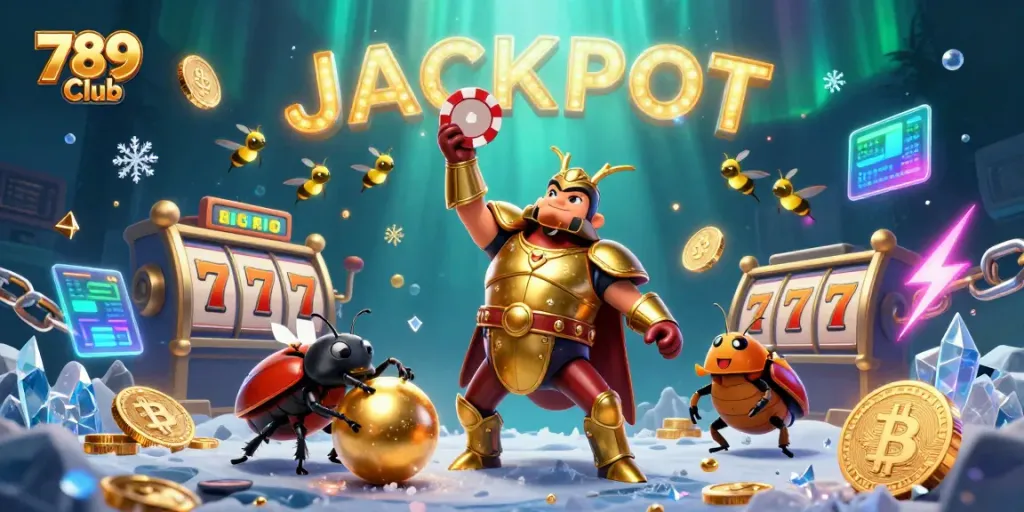Experience a thrilling bet with 789 Club as the hercules beetle triumphantly lifts a poker chip under a glowing jackpot.