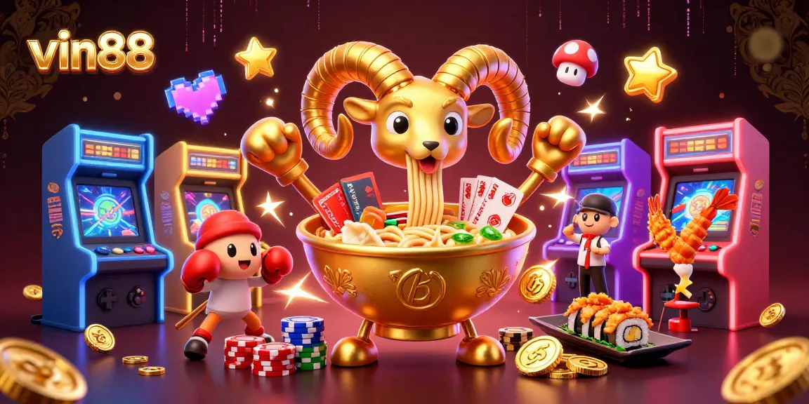 vin88 showcases a vibrant scene with a gold ramen bowl dealer and colorful casino elements