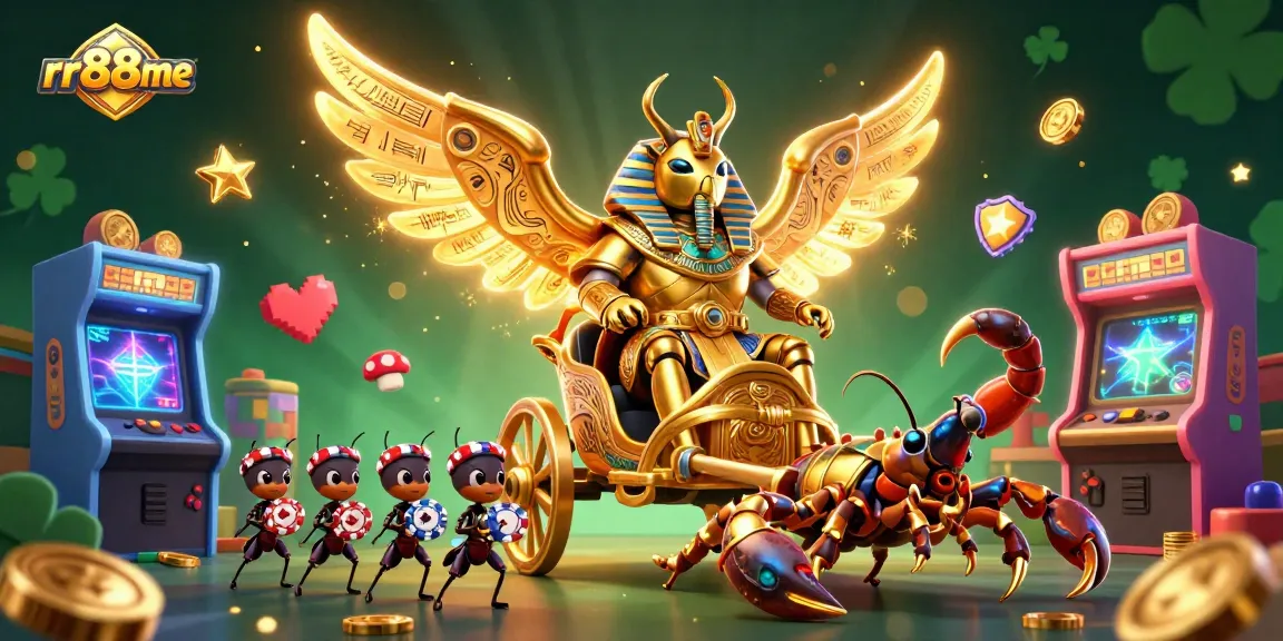 Experience thrilling gameplay with rr88me featuring a colossal golden scarab and scorpions in a vibrant 3D casino scene.