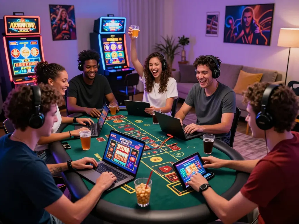 Exciting online gaming moment with friends celebrating their wins in 68win casino games.