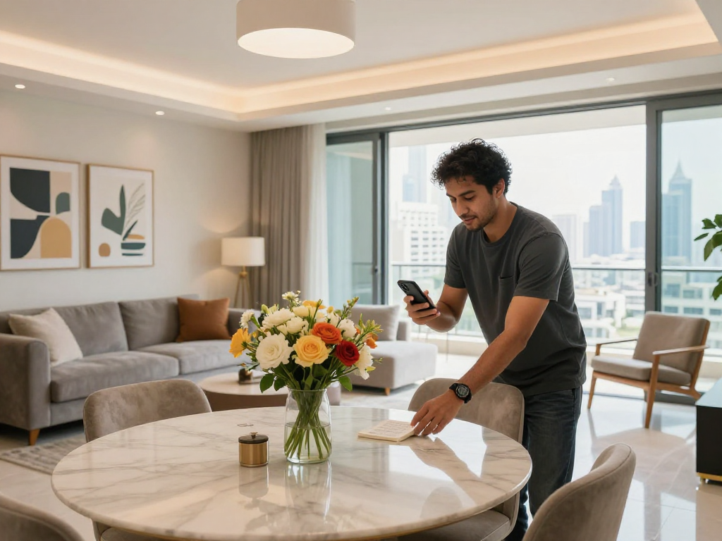 airbnb management in stylish Dubai apartment with a welcoming host preparing for guests
