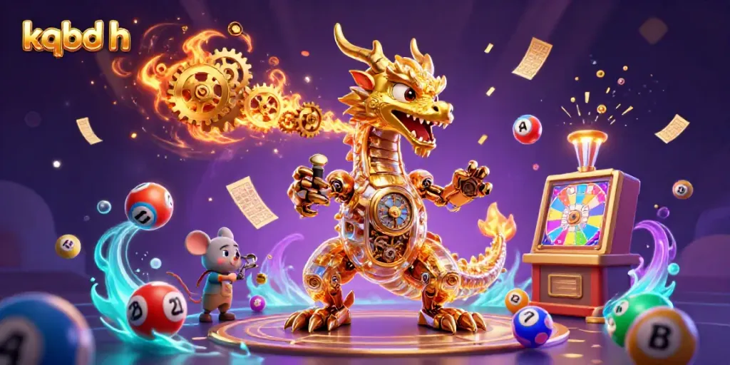 KQBD h features a dynamic illustration of a golden dragon surrounded by lively gambling elements.