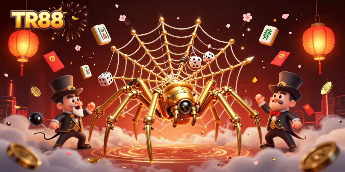 Experience the gaming excitement at TR88 with a dynamic digital illustration of a steampunk spider catching dice, surrounded by festive casino elements.