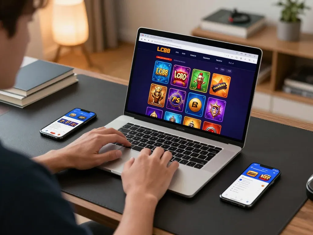Player engaging with LC88 online casino platform, showcasing strategic gaming setup