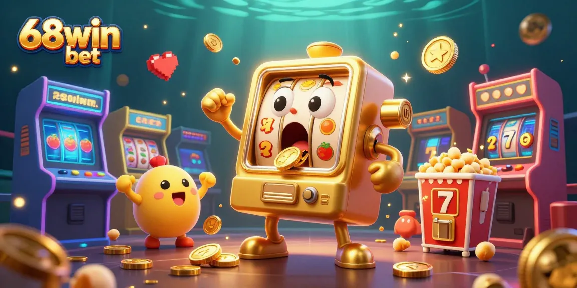 Celebrate the 68win bet jackpot with a golden slot machine in a vibrant casino scene