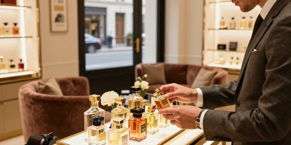Luxury perfume brands selection in an elegant boutique highlighting iconic scents.