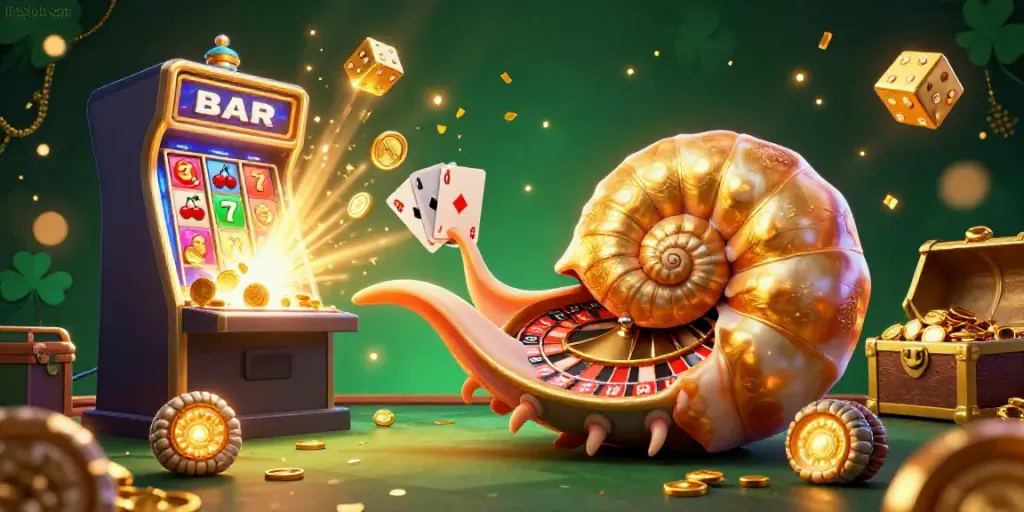 Engage with hitclub com at this lively 3D casino scene featuring an ancient nautilus roulette wheel and vibrant slot symbols.