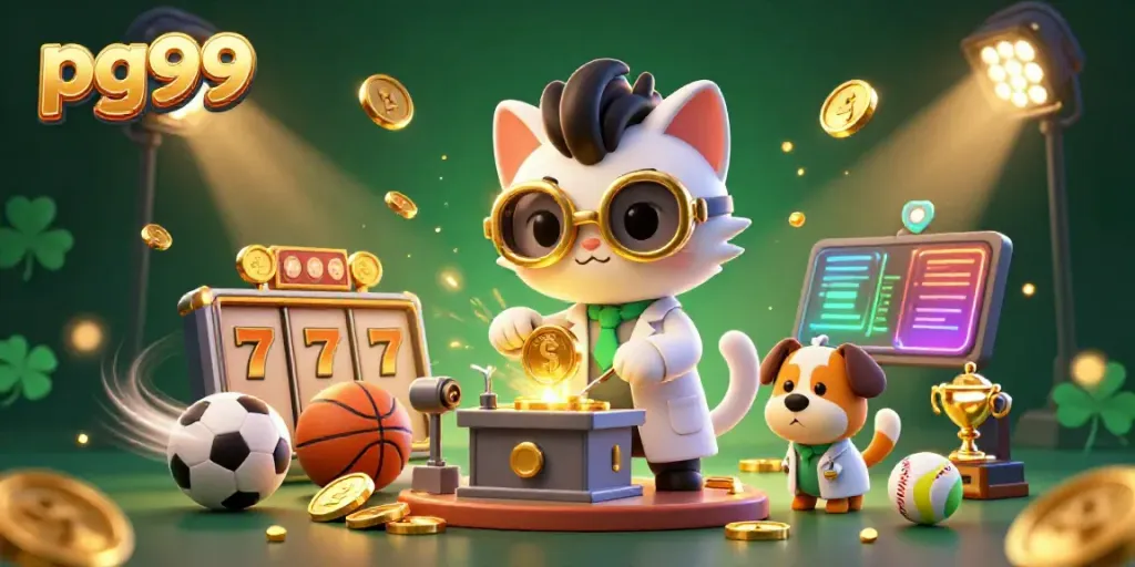 Engage with pg99's thrilling casino adventure with mad scientist and dog creatively crafting gold coins.