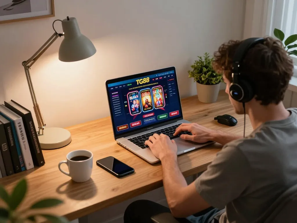 Engaged player enjoying cái tg88 online casino on cozy laptop setup during gaming session.