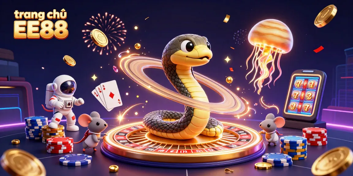 Engage with the exciting world of trang chủ EE88 featuring a Saturn ring snake and cosmic dealer in a vibrant casino scene.