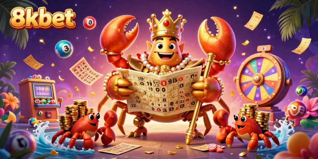 Play exciting games at 8xbet, featuring vibrant colorful elements like lottery balls and a golden crab emperor character.