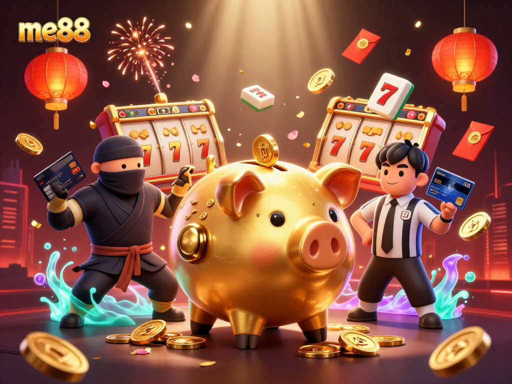 Experience the thrilling me88 casino with dynamic game elements, featuring a golden piggy bank wrestler and friends.