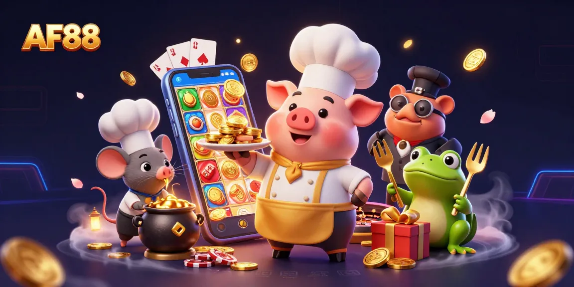 Join the action at AF88 with a chef pig serving gold coins in a lavish, dynamic casino scene
