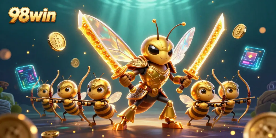 Engage with 98win's premier casino features through vibrant 3D visuals showcasing gaming excitement.