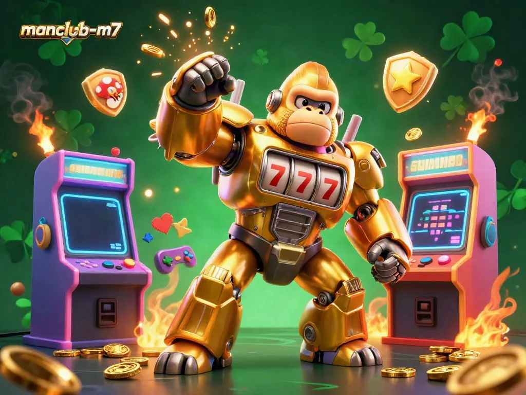 Experience the thrill of manclub-m7 with a golden gorilla mech and arcade gaming elements in stunning detail.