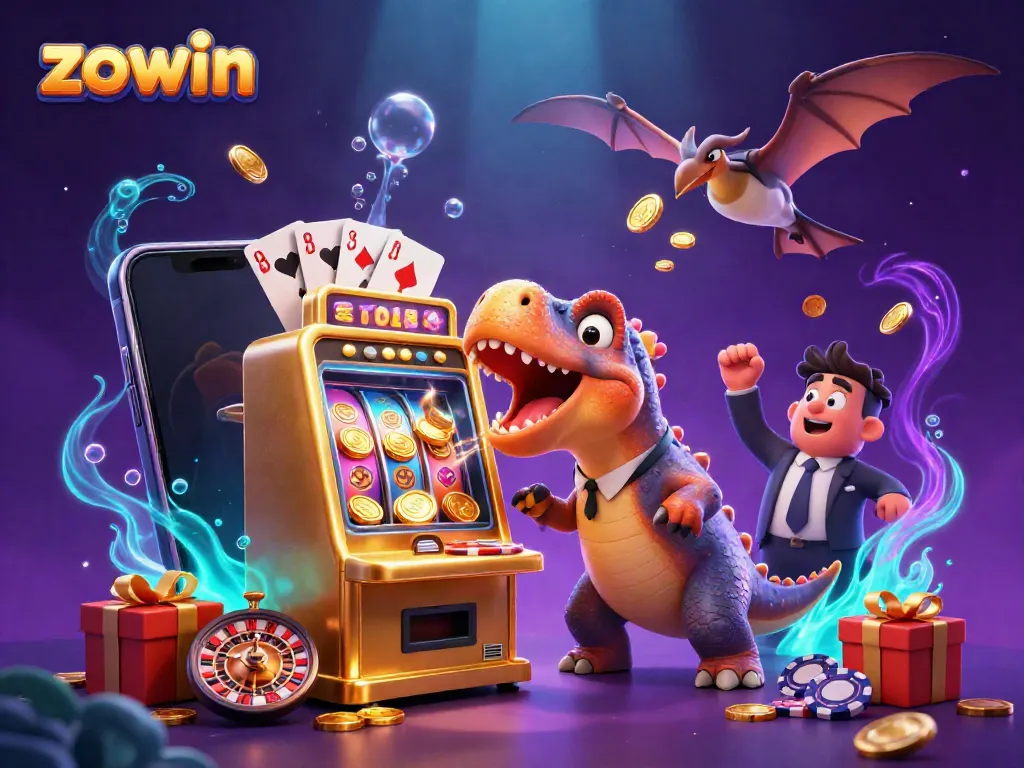 Experience the excitement of zowin with a 3D dinosaur-themed casino scene featuring dynamic slot machine action.
