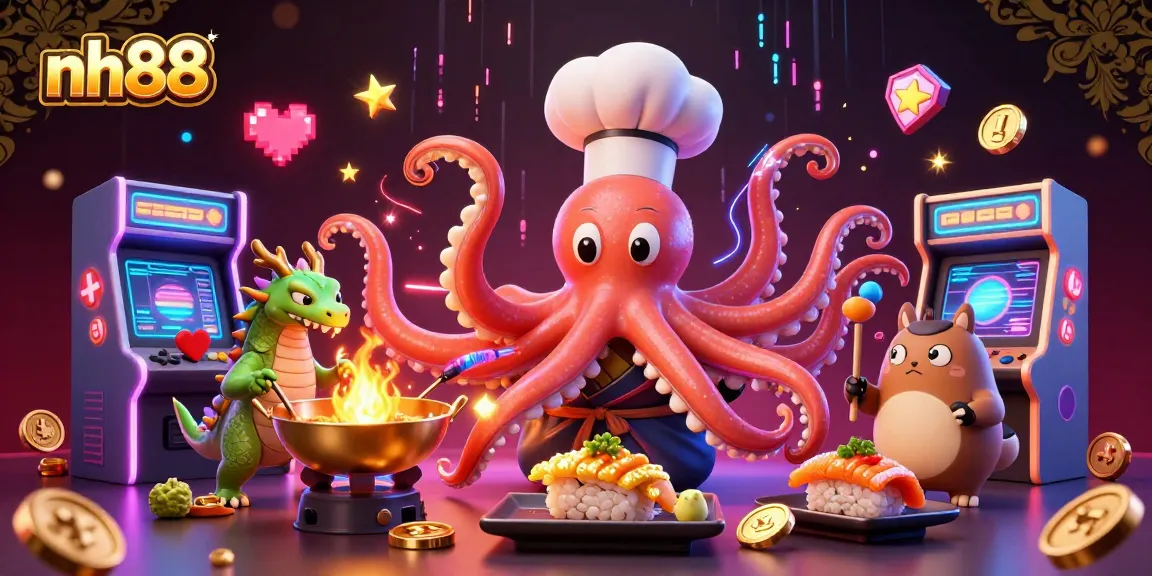 Engage with the vibrant world of nh88, where a chef octopus crafts golden dishes amid lively casino elements.