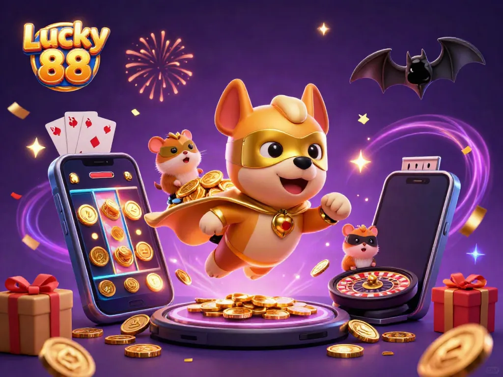 Experience the thrill of Lucky 88 with a superhero dog and hamster in an exciting casino scene.