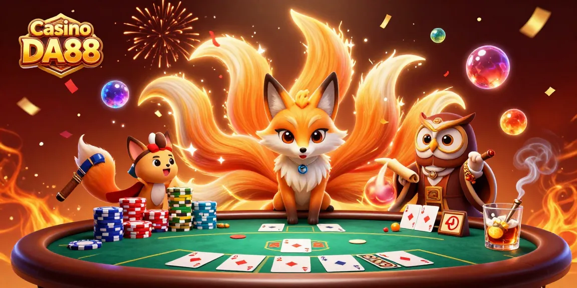 Experience excitement at Casino DA88 with a colorful and dynamic poker scene featuring playful spirits.