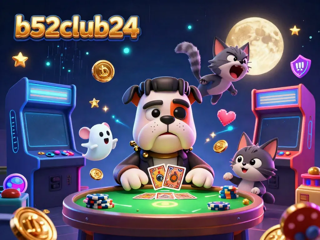 B52club24 casino illustration featuring a cartoon monster dealer and vivid gaming elements.