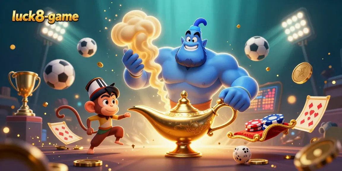 Experience luck8-game thrills with a dynamic illustration featuring a genie, poker chips, and sports elements.