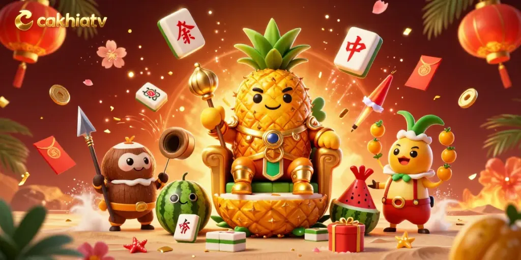 Engage with cakhiatv's vibrant casino scene featuring a golden pineapple king and casino elements.