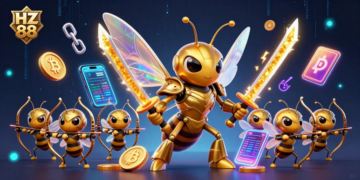 Spin to win with HZ 88 in this vibrant 3D casino illustration showcasing crypto elements.
