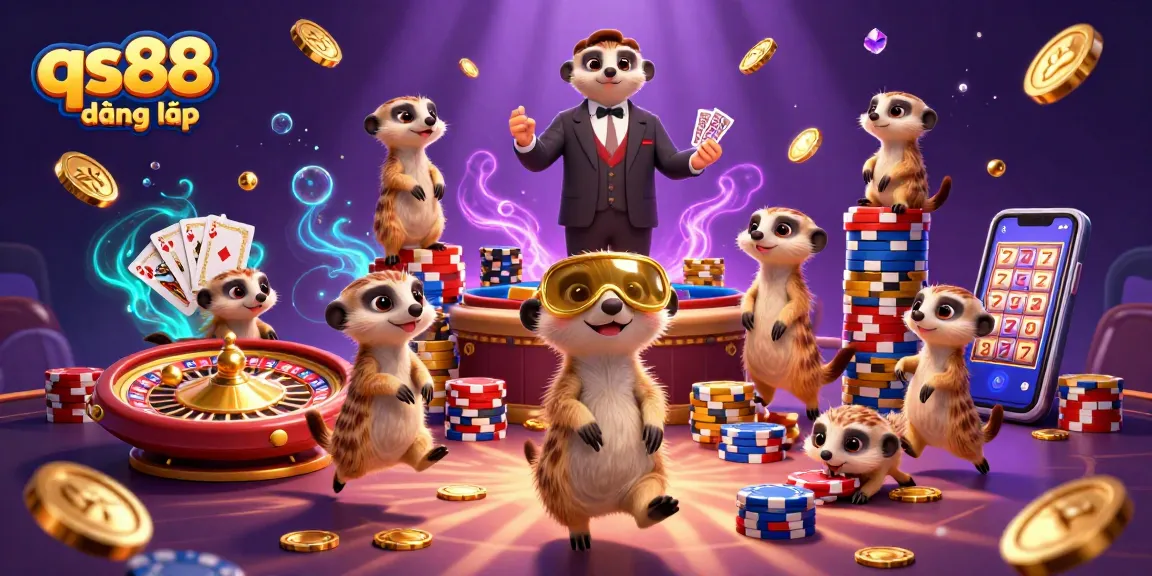 Experience qs88 đăng nhập with fun meerkat-themed casino activities in a vibrant 3D scene.